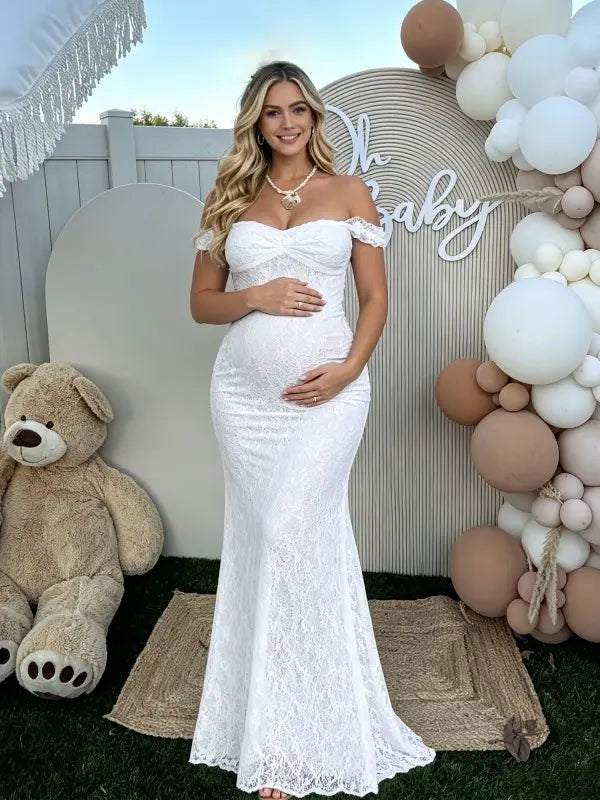 White Lace Off-Shoulder Maternity Maxi Dress – Bodycon Milk Silk Gown, Elegant Baby Shower & Photoshoot Dress