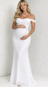 White Lace Off-Shoulder Maternity Maxi Dress – Bodycon Milk Silk Gown, Elegant Baby Shower & Photoshoot Dress