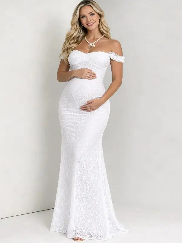 White Lace Off-Shoulder Maternity Maxi Dress – Bodycon Milk Silk Gown, Elegant Baby Shower & Photoshoot Dress