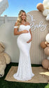 White Lace Off-Shoulder Maternity Maxi Dress – Bodycon Milk Silk Gown, Elegant Baby Shower & Photoshoot Dress