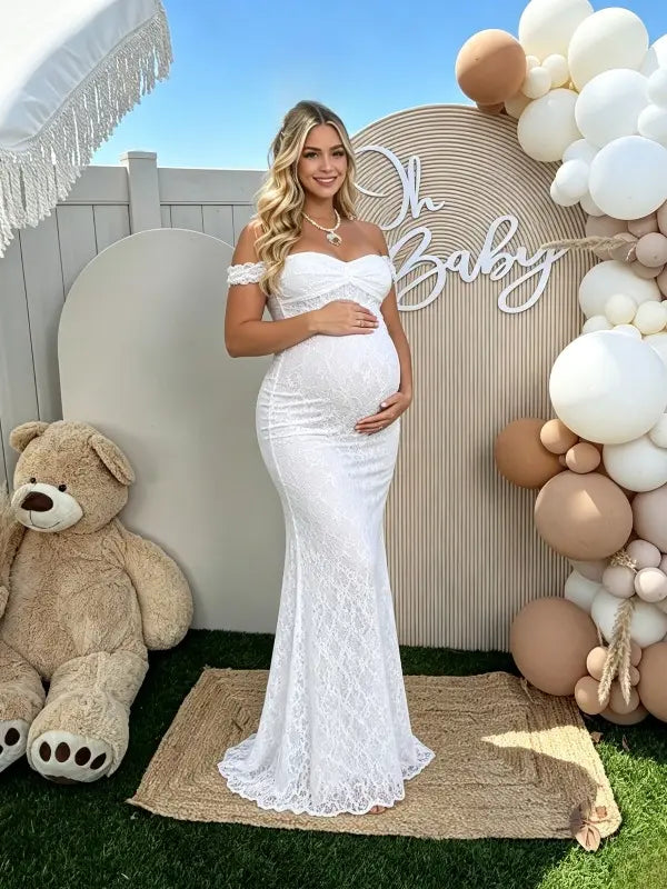 White Lace Off-Shoulder Maternity Maxi Dress – Bodycon Milk Silk Gown, Elegant Baby Shower & Photoshoot Dress