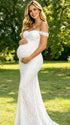 White Lace Off-Shoulder Maternity Maxi Dress – Bodycon Milk Silk Gown, Elegant Baby Shower & Photoshoot Dress