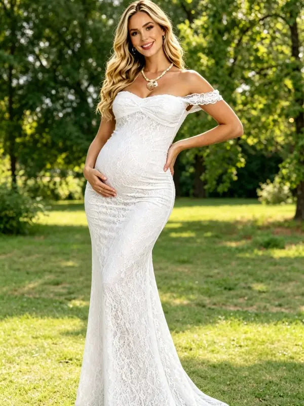 White Lace Off-Shoulder Maternity Maxi Dress – Bodycon Milk Silk Gown, Elegant Baby Shower & Photoshoot Dress