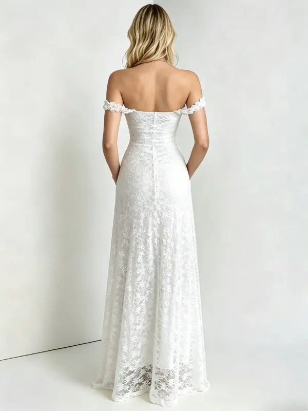 White Lace Off-Shoulder Maternity Maxi Dress – Bodycon Milk Silk Gown, Elegant Baby Shower & Photoshoot Dress