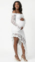 White Lace Off-Shoulder Maternity Maxi Dress – Sheer Long Sleeve Bodycon Asymmetrical Elegant Gown