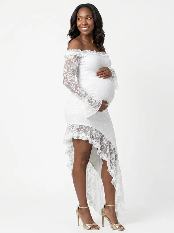 White Lace Off-Shoulder Maternity Maxi Dress – Sheer Long Sleeve Bodycon Asymmetrical Elegant Gown