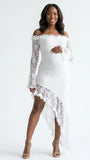White Lace Off-Shoulder Maternity Maxi Dress – Sheer Long Sleeve Bodycon Asymmetrical Elegant Gown