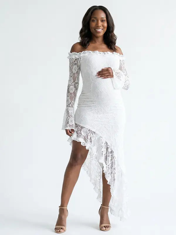White Lace Off-Shoulder Bodycon Maternity Maxi Dress