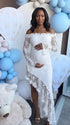 White Lace Off-Shoulder Maternity Maxi Dress – Sheer Long Sleeve Bodycon Asymmetrical Elegant Gown