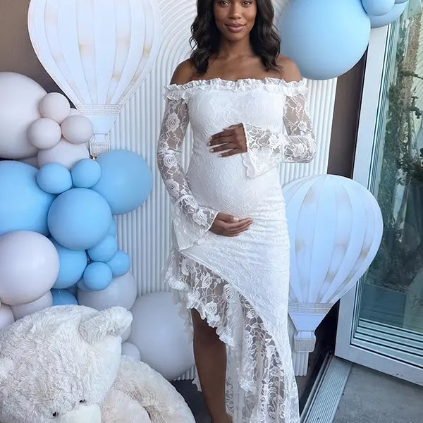White Lace Off-Shoulder Maternity Maxi Dress – Sheer Long Sleeve Bodycon Asymmetrical Elegant Gown