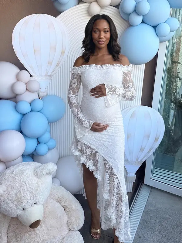 White Lace Off-Shoulder Maternity Maxi Dress – Sheer Long Sleeve Bodycon Asymmetrical Elegant Gown