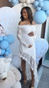 White Lace Off-Shoulder Maternity Maxi Dress – Sheer Long Sleeve Bodycon Asymmetrical Elegant Gown