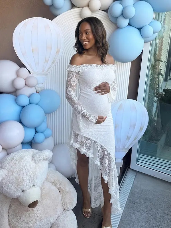 White Lace Off-Shoulder Bodycon Maternity Maxi Dress