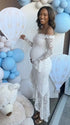 White Lace Off-Shoulder Maternity Maxi Dress – Sheer Long Sleeve Bodycon Asymmetrical Elegant Gown