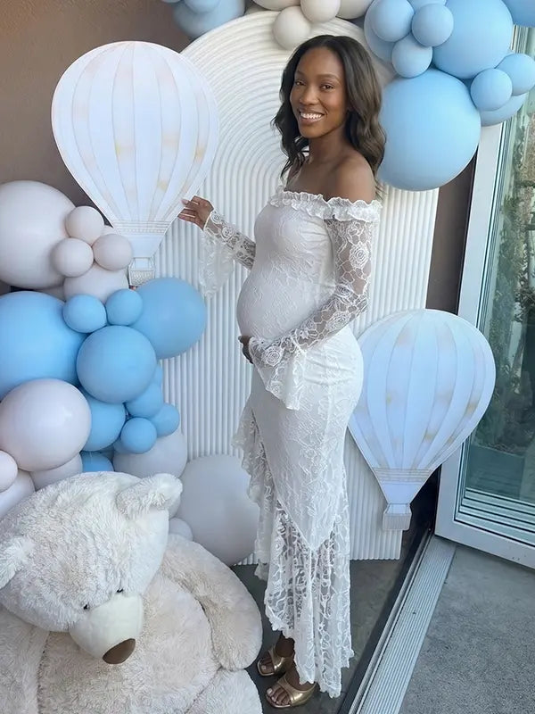 White Lace Off-Shoulder Maternity Maxi Dress – Sheer Long Sleeve Bodycon Asymmetrical Elegant Gown
