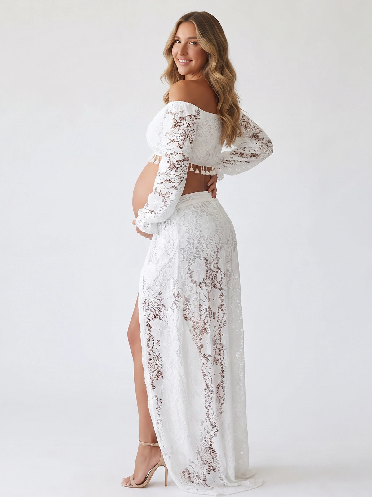 White Lace Two-Piece Maternity Dress for Photoshoot