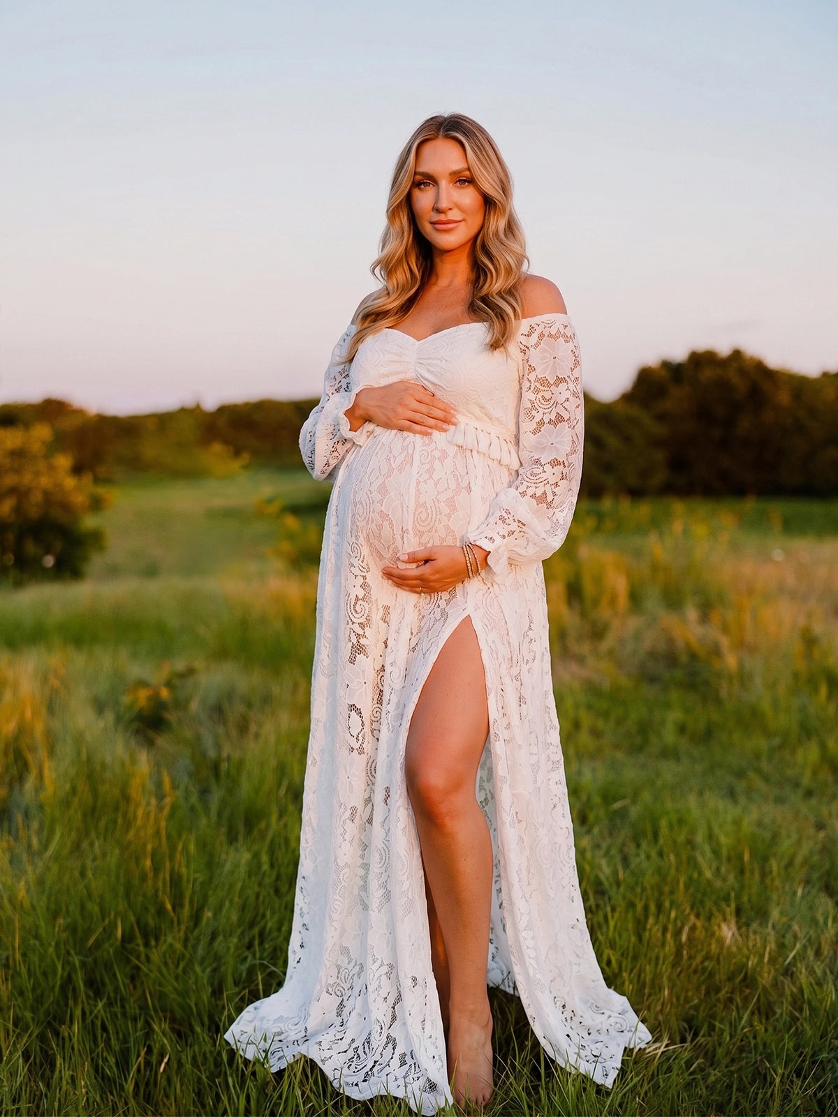 White Lace Two-Piece Maternity Dress for Photoshoot