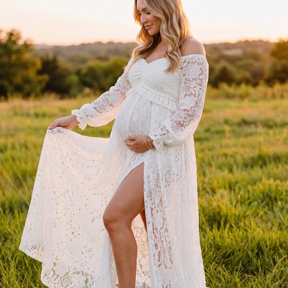 White Lace Two-Piece Maternity Dress for Photoshoot