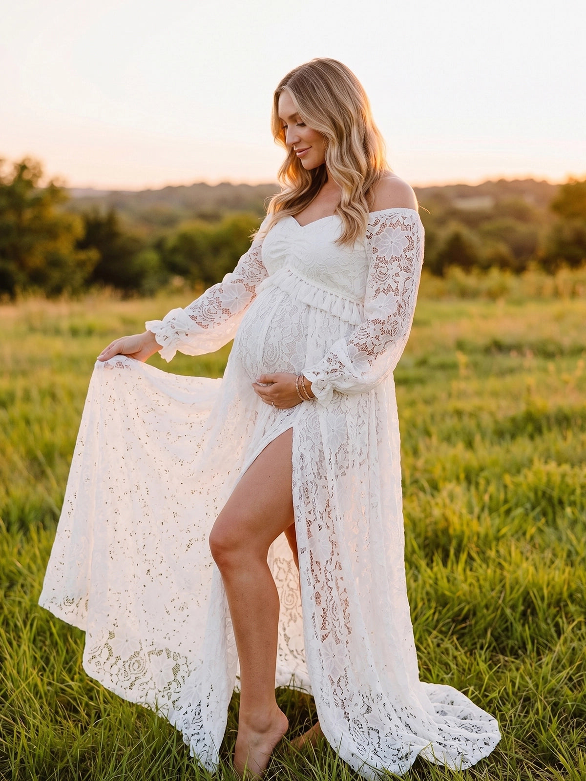 White Lace Two-Piece Maternity Dress for Photoshoot