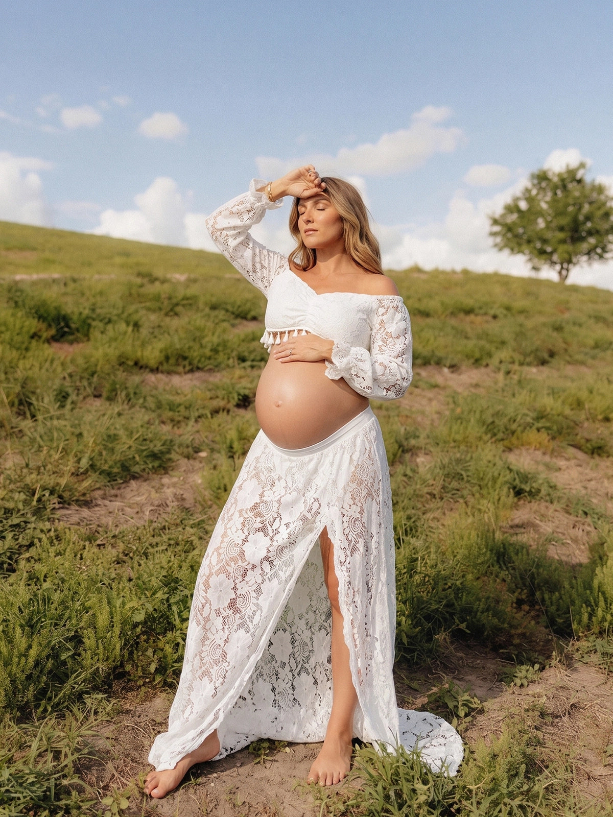 White Lace Two-Piece Maternity Dress for Photoshoot