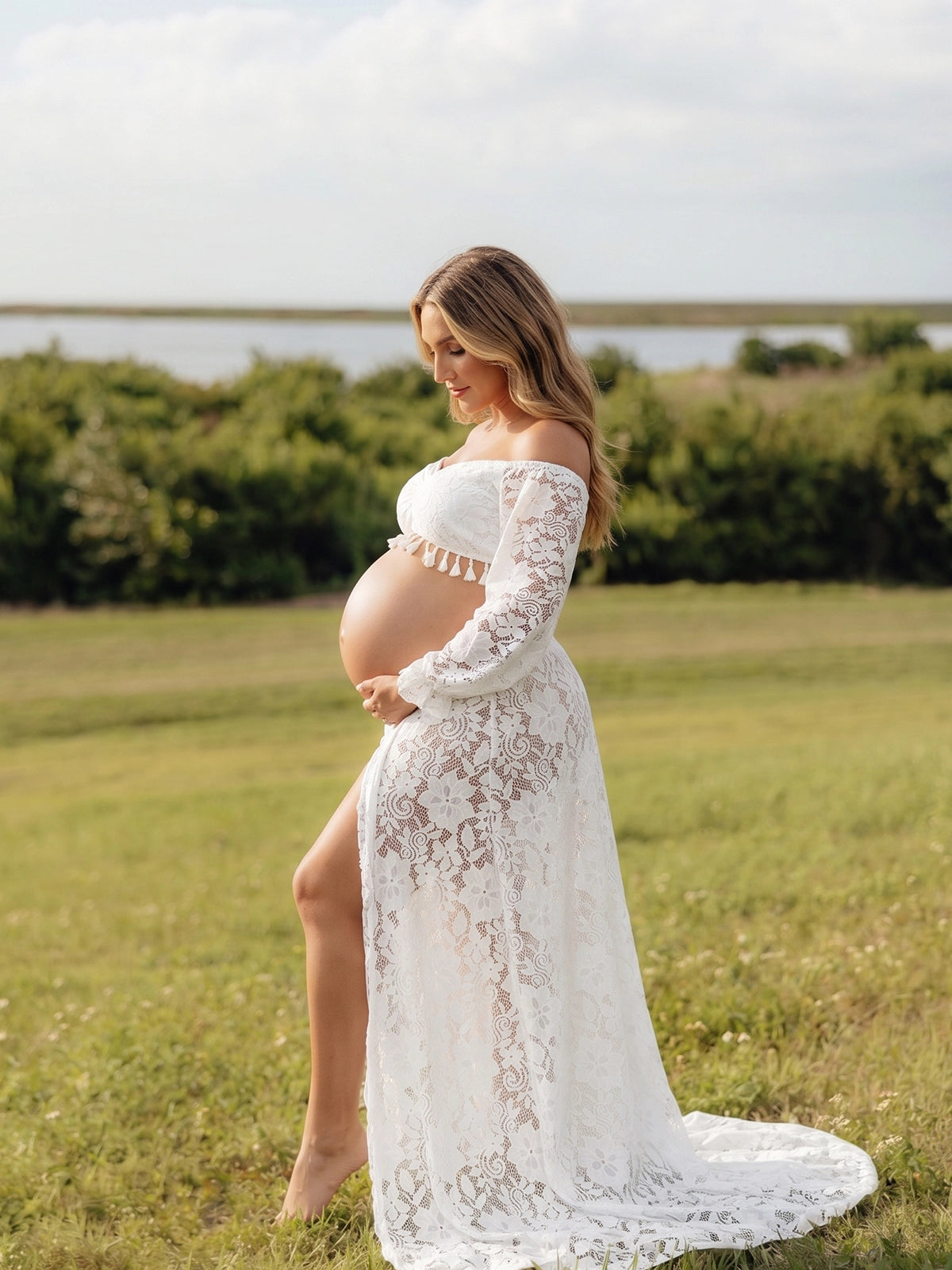 White Lace Two-Piece Maternity Dress for Photoshoot