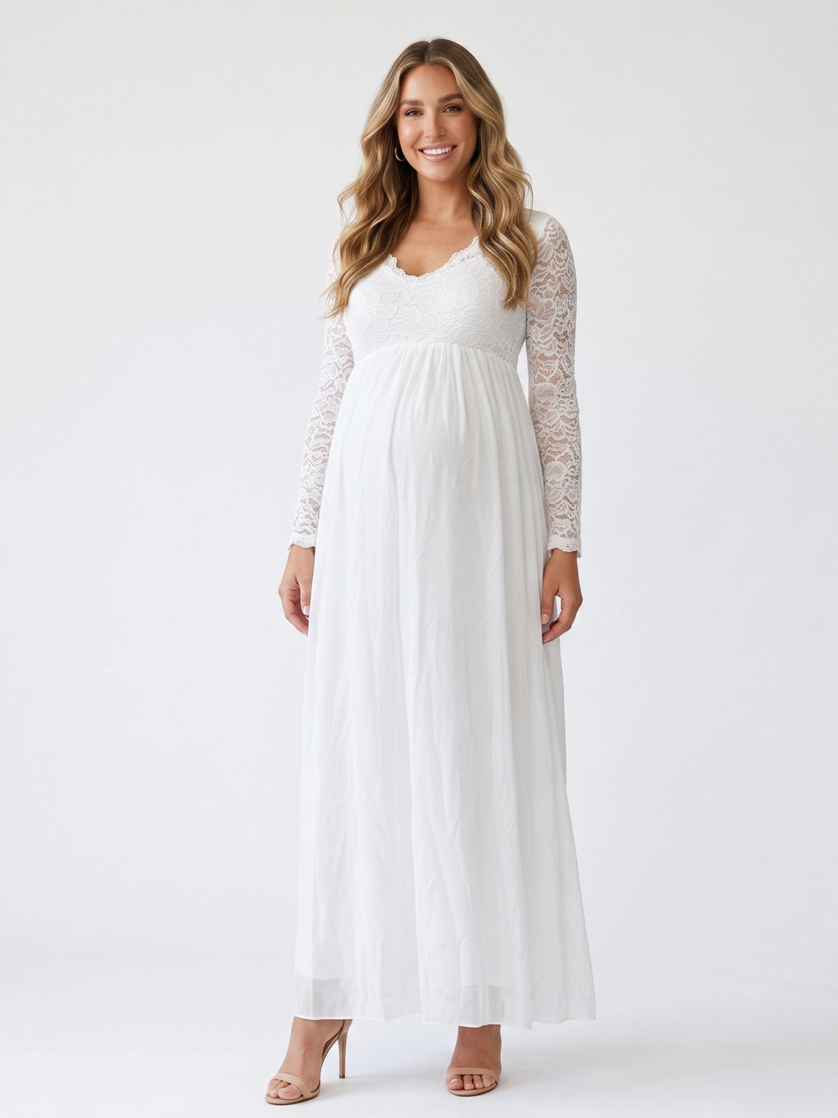 White Lace V-Neck Chiffon Pregnancy Gown