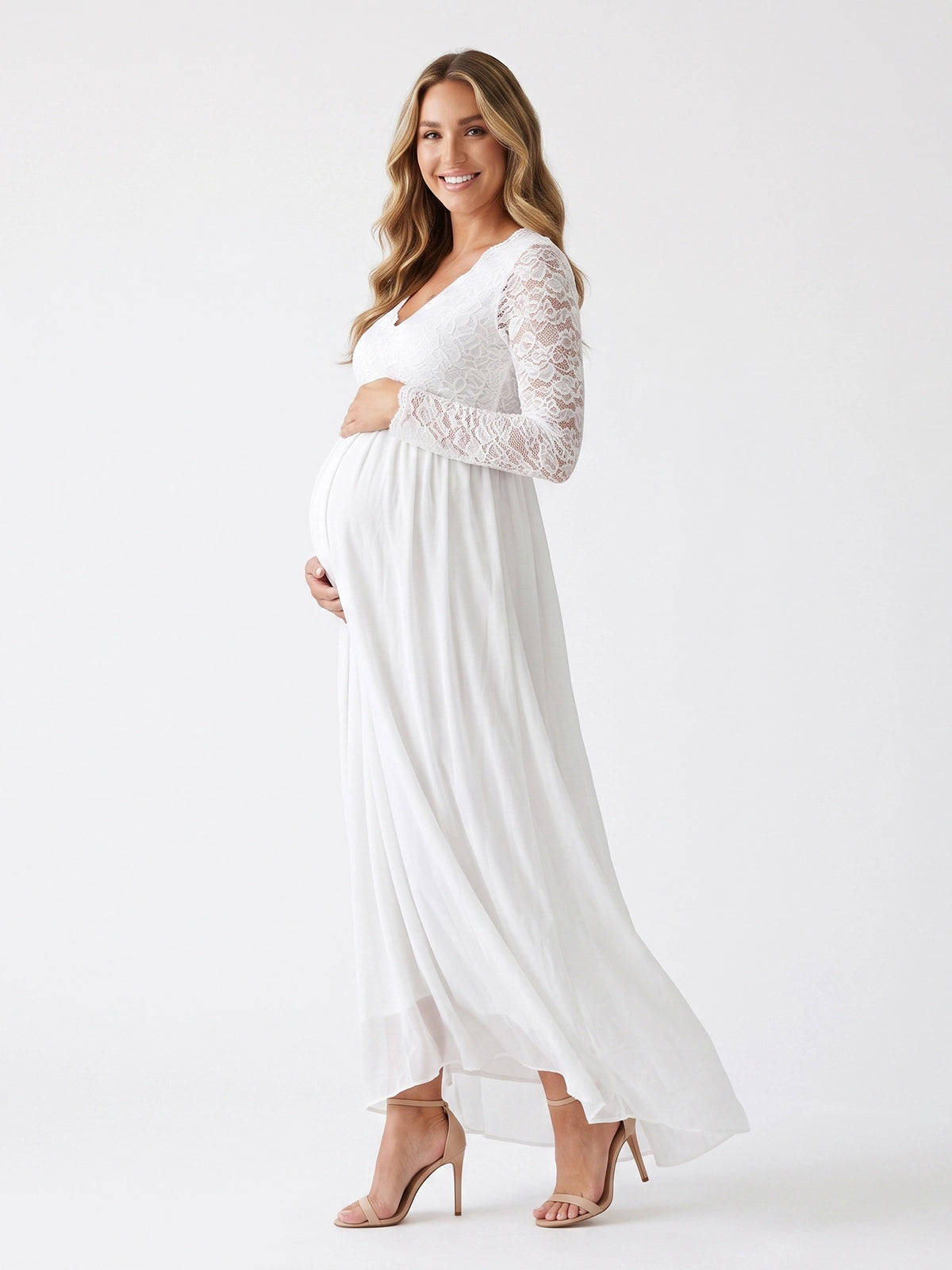 White Lace V-Neck Chiffon Pregnancy Gown