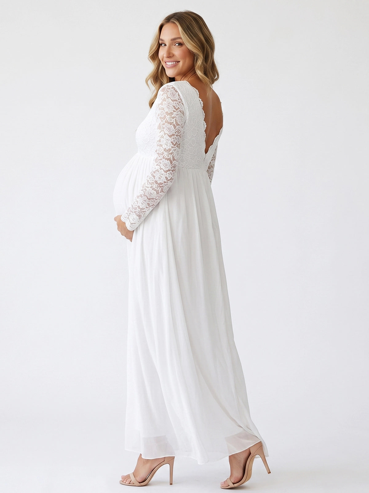 White Lace V-Neck Chiffon Pregnancy Gown