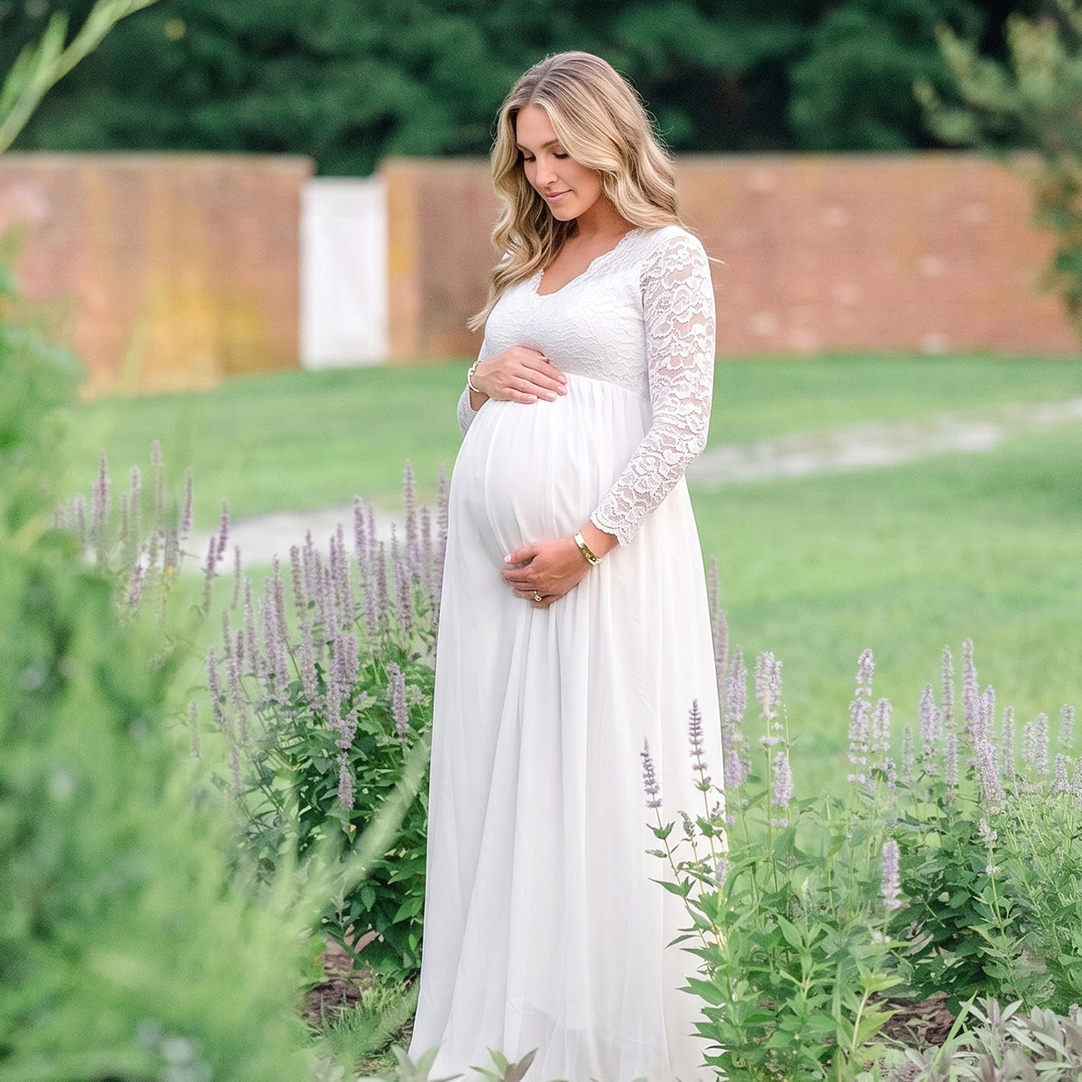 White Lace V-Neck Chiffon Pregnancy Gown