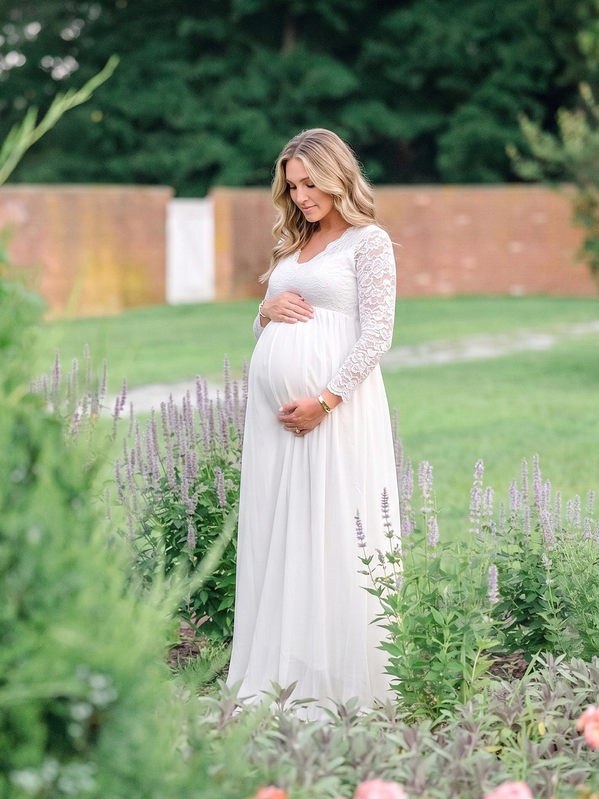 White Lace V-Neck Chiffon Pregnancy Gown