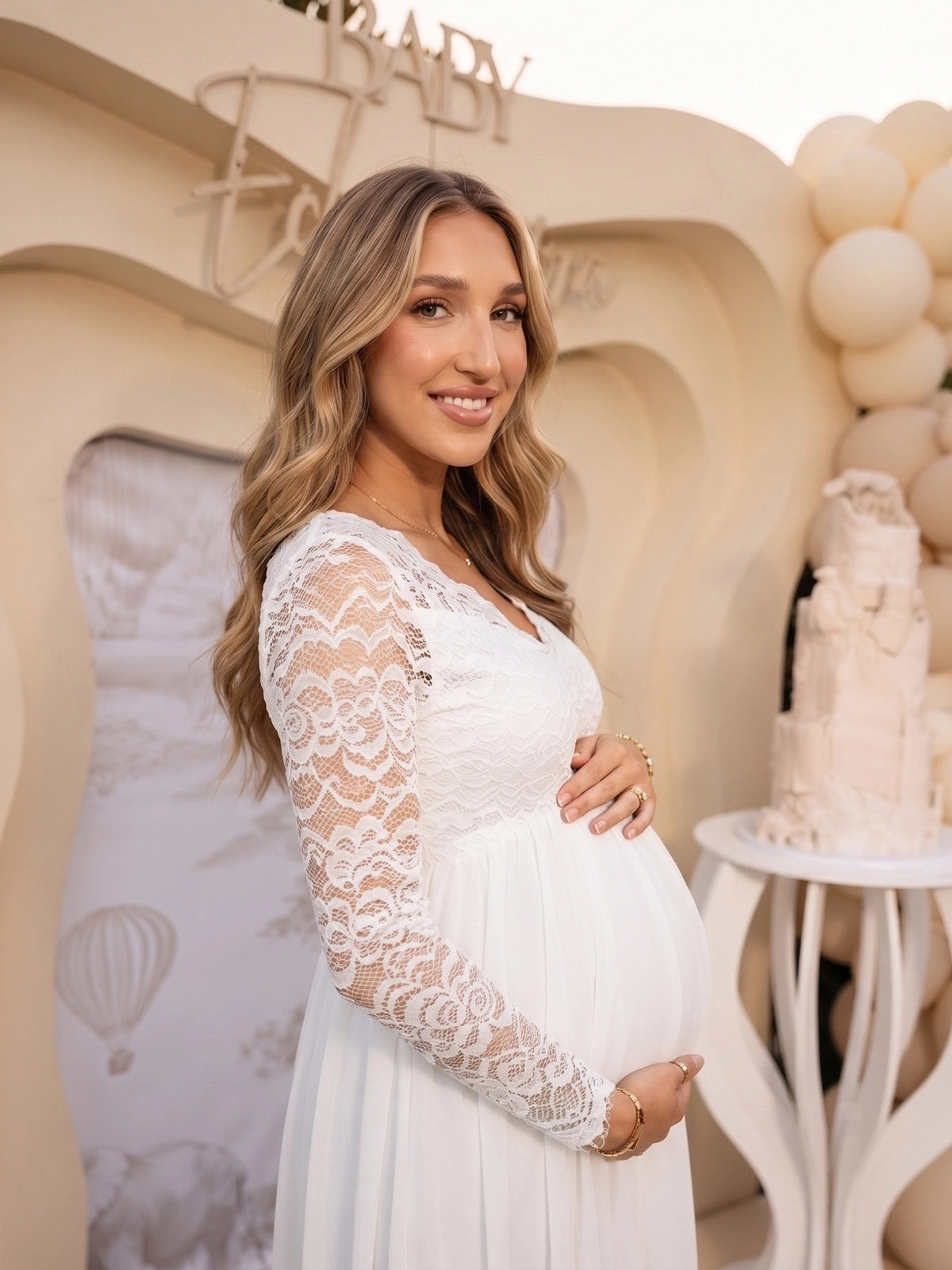 White Lace V-Neck Chiffon Pregnancy Gown