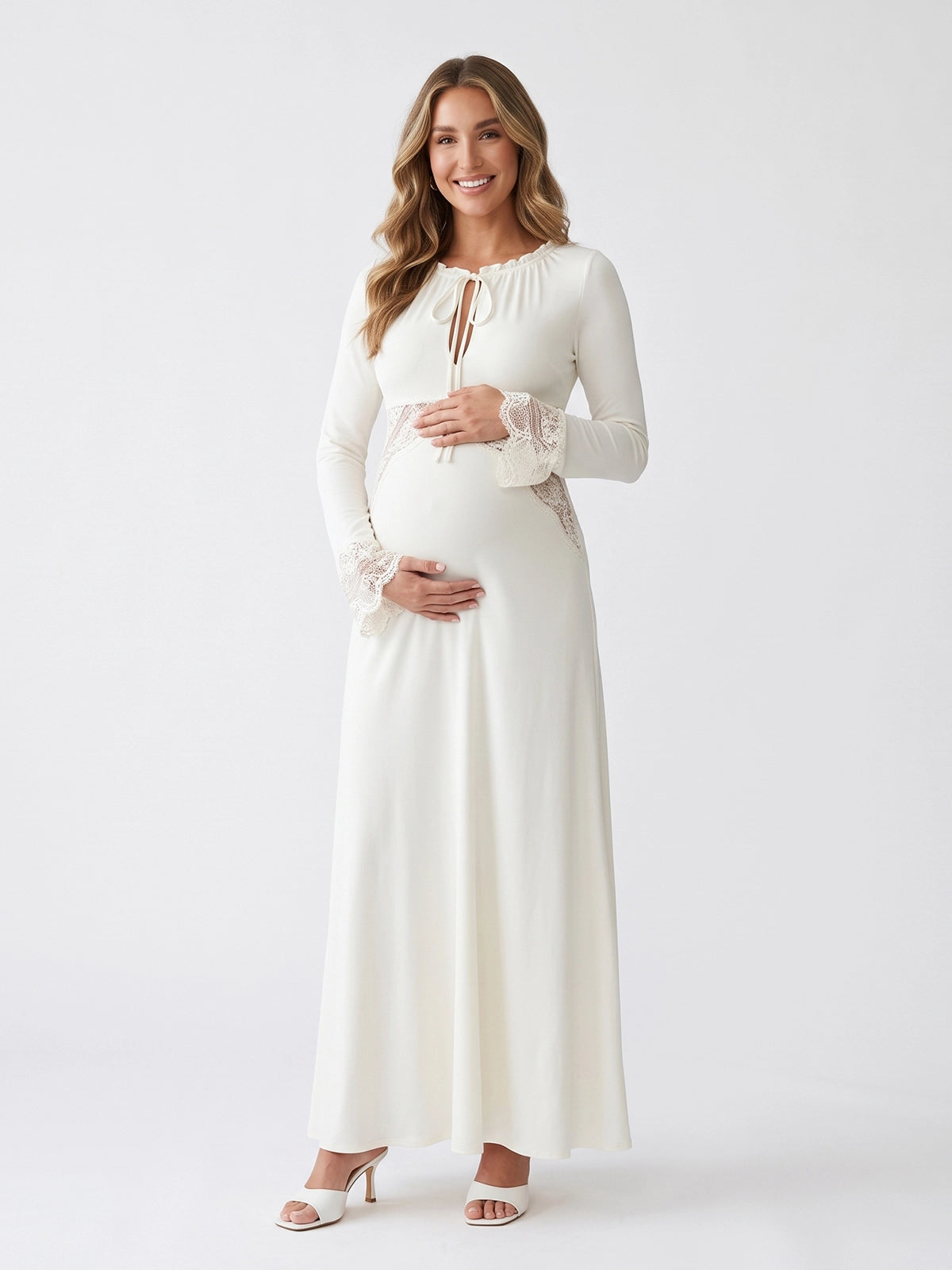 White Long Sleeve Maternity Maxi Dress with Lace Waist & Cuffs