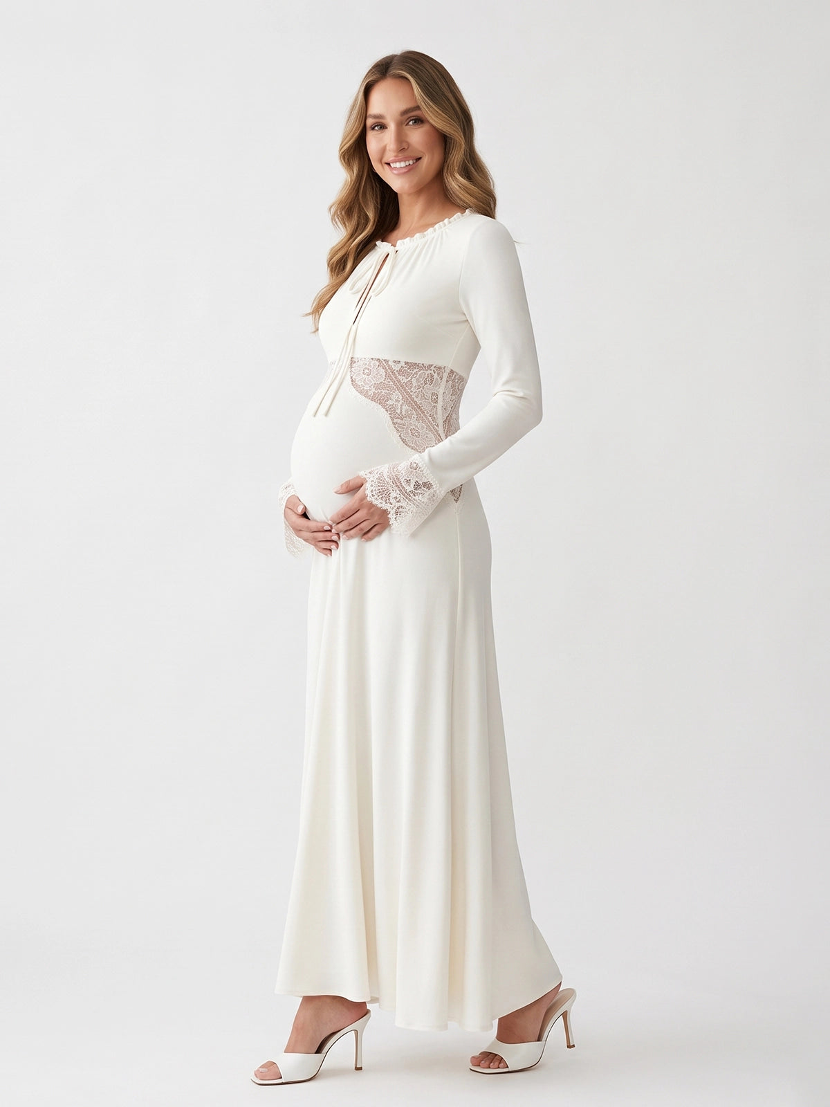 White Long Sleeve Maternity Maxi Dress with Lace Waist & Cuffs