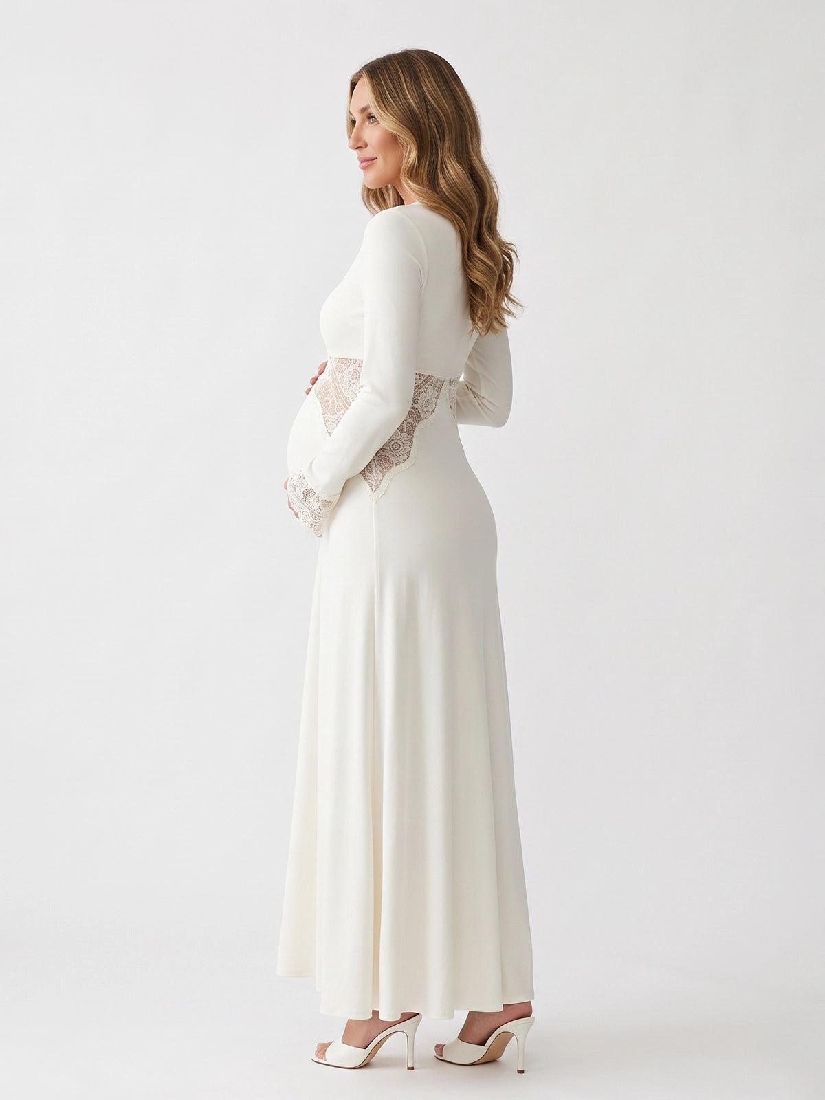 White Long Sleeve Maternity Maxi Dress with Lace Waist & Cuffs