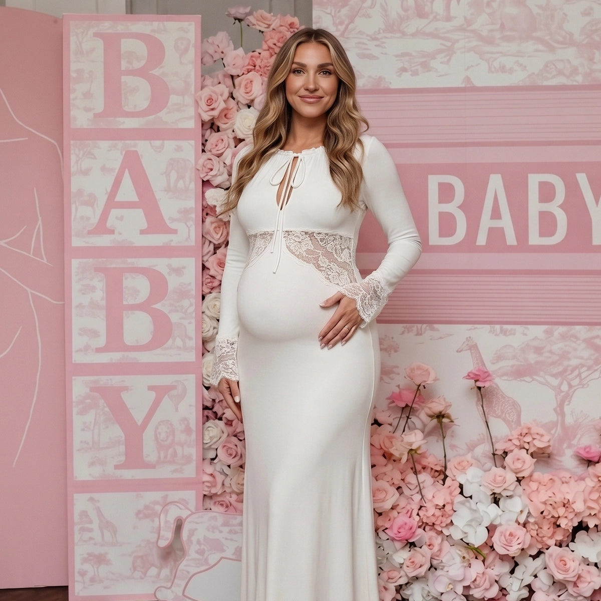 White Long Sleeve Maternity Maxi Dress with Lace Waist & Cuffs