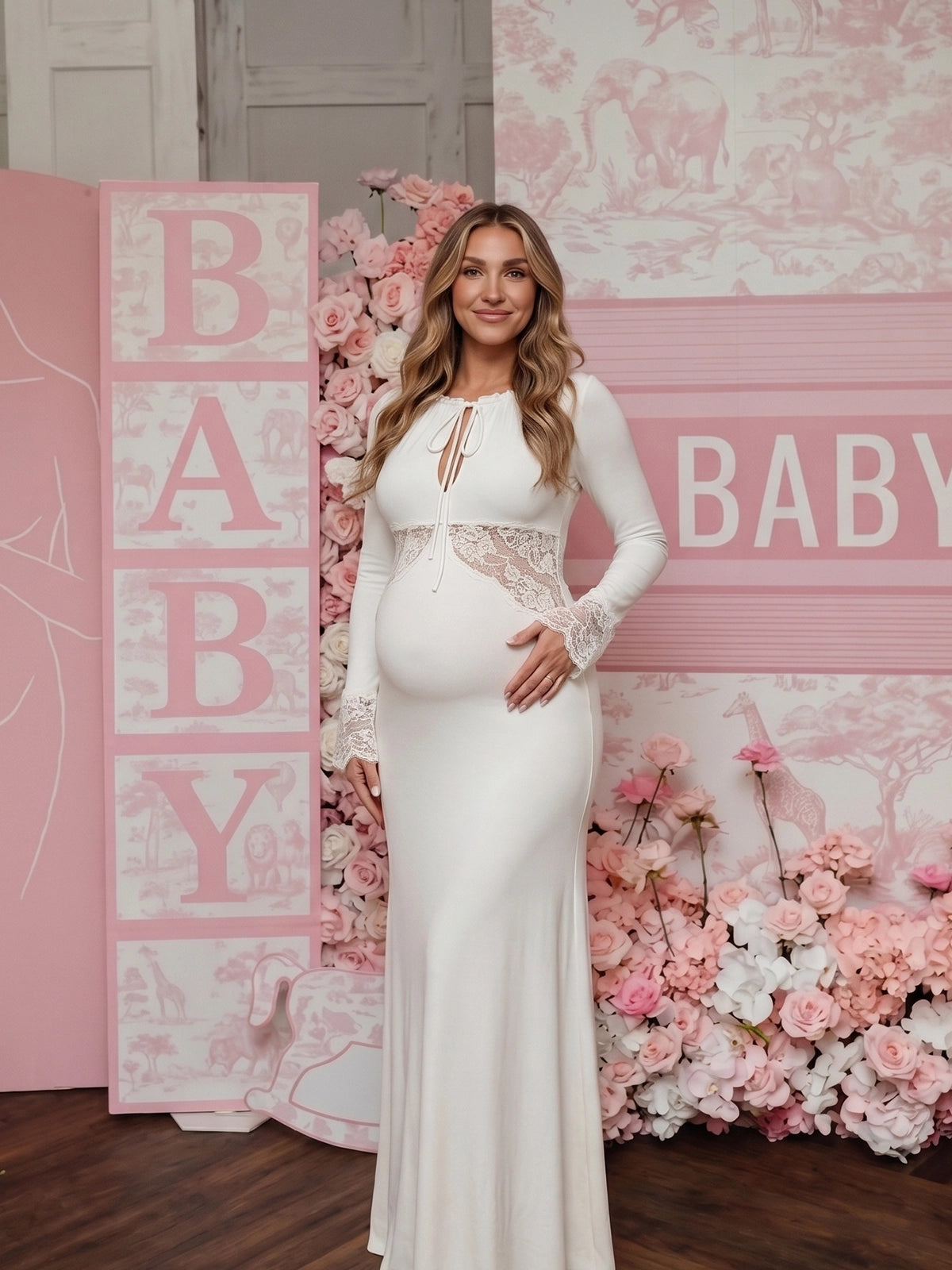 White Long Sleeve Maternity Maxi Dress with Lace Waist & Cuffs