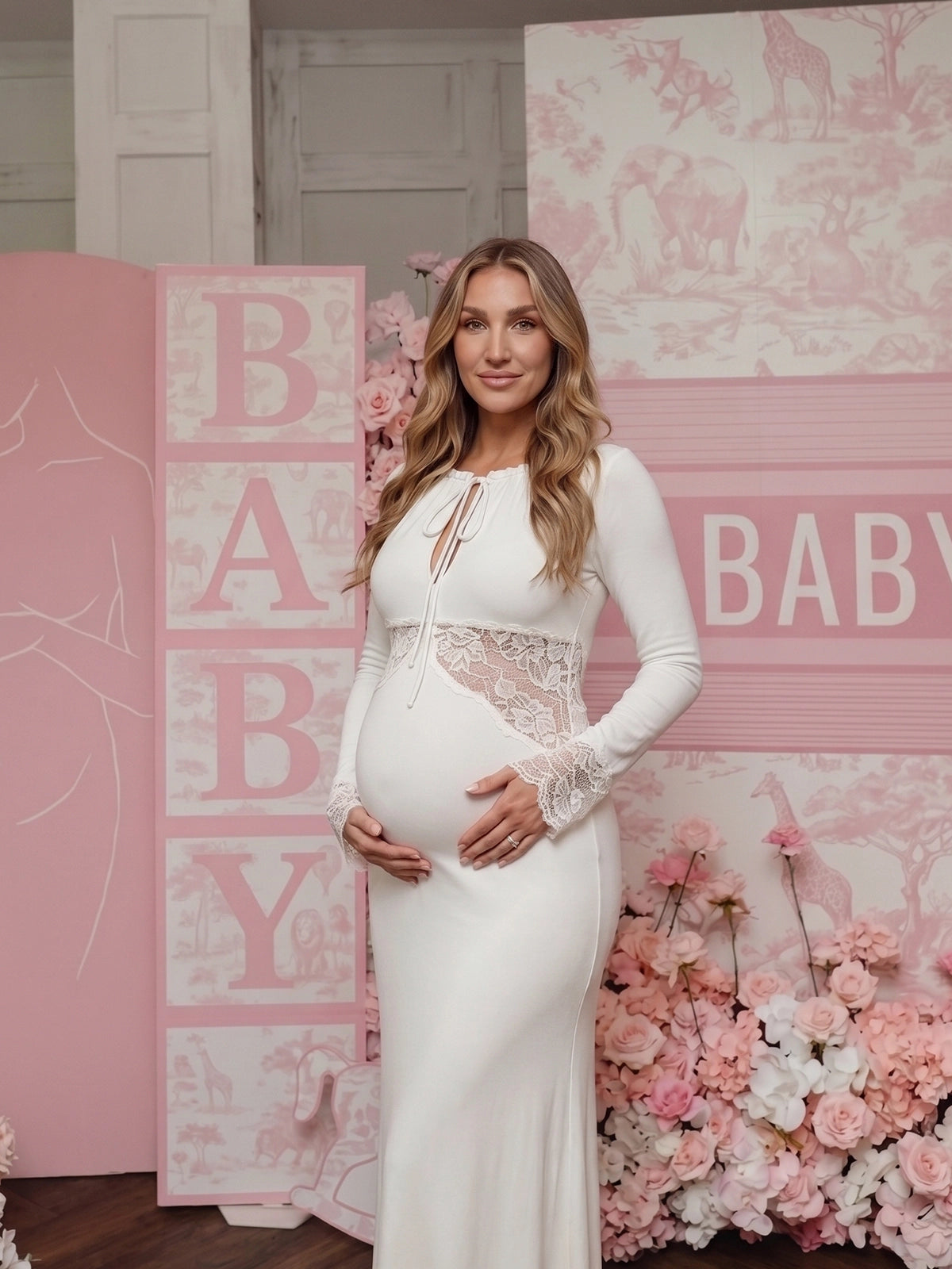 White Long Sleeve Maternity Maxi Dress with Lace Waist & Cuffs