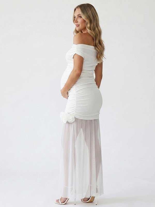 White Off Shoulder 3D Floral Rosette Maternity Maxi Dress