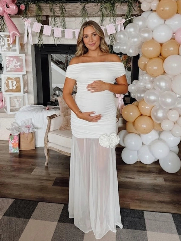 White Off Shoulder 3D Floral Rosette Maternity Maxi Dress