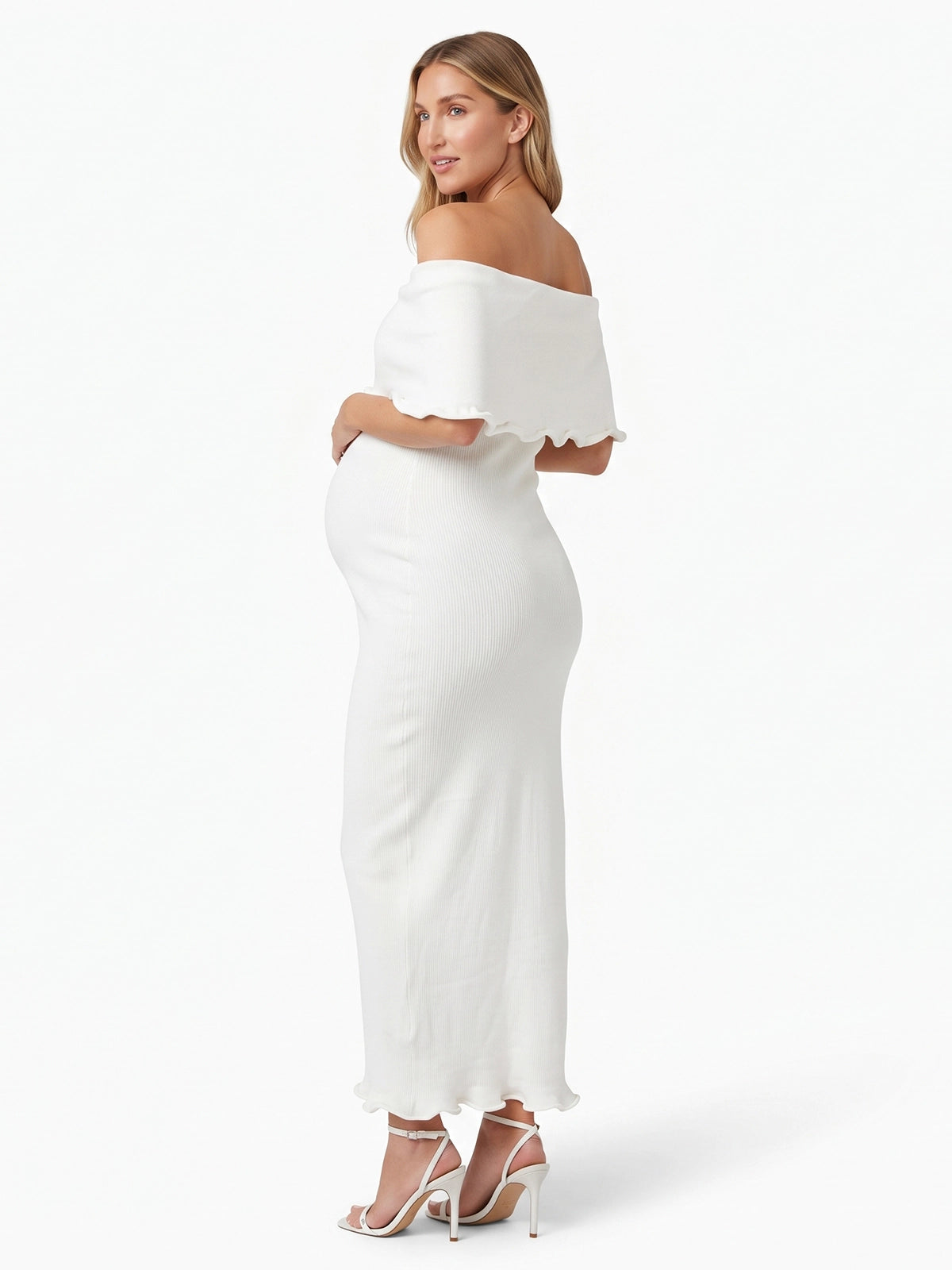 White Off Shoulder Knit Maternity Midi Dress with Ruffle Trim