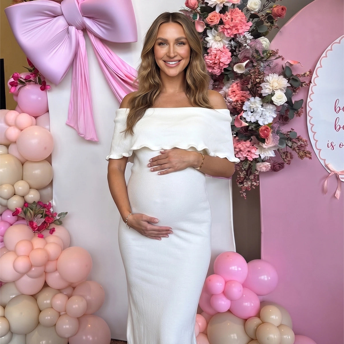 White Off Shoulder Knit Maternity Midi Dress with Ruffle Trim