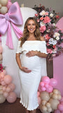 White Off Shoulder Knit Maternity Midi Dress with Ruffle Trim