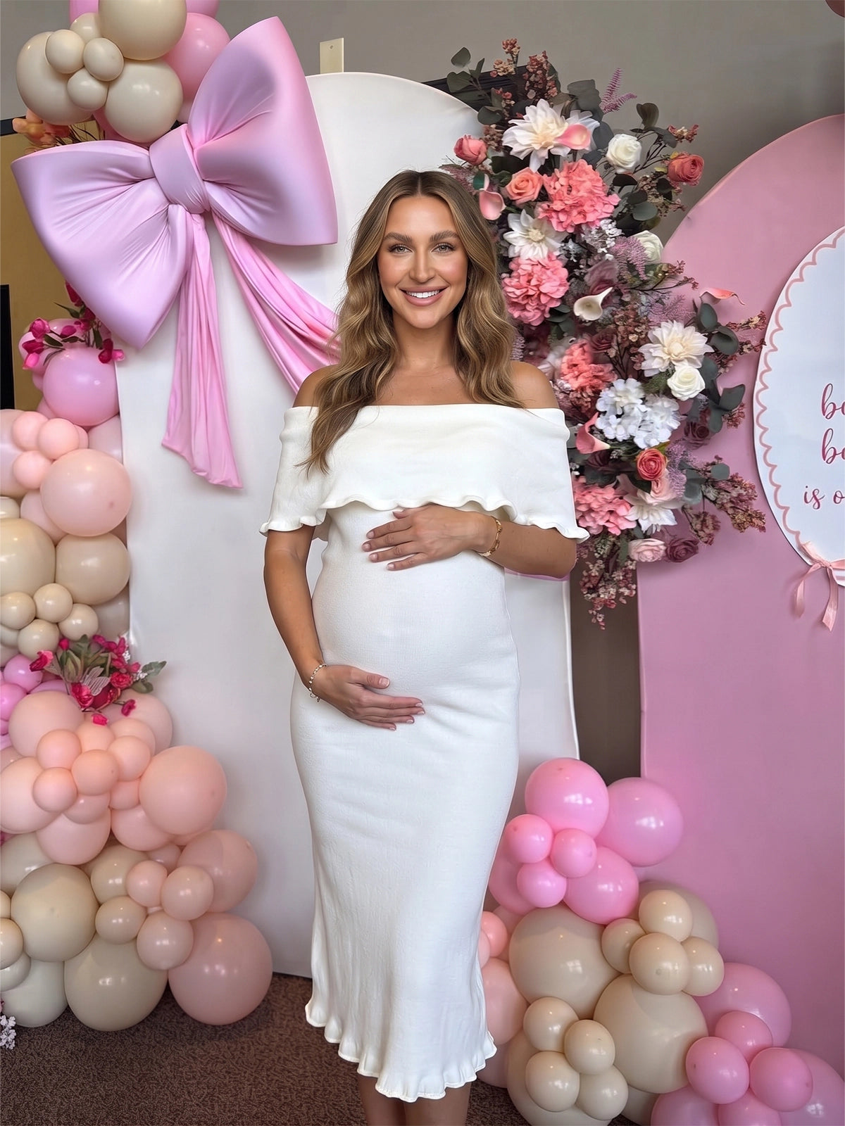 White Off Shoulder Knit Maternity Midi Dress with Ruffle Trim