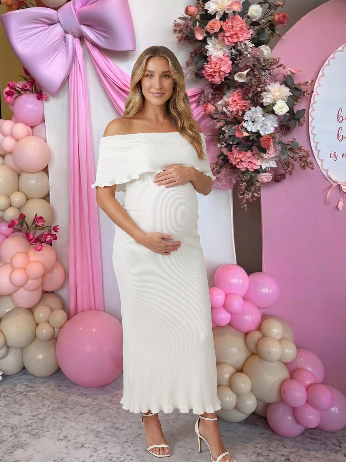 White Off Shoulder Knit Maternity Midi Dress with Ruffle Trim
