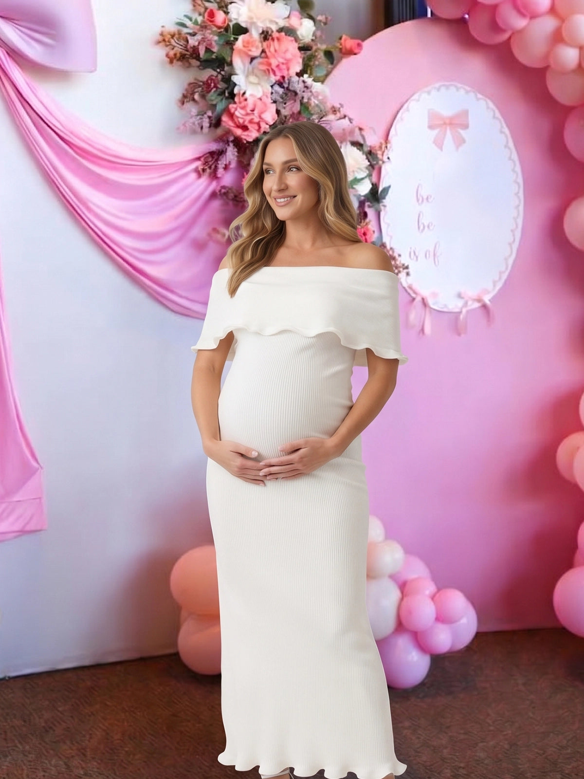 White Off Shoulder Knit Maternity Midi Dress with Ruffle Trim