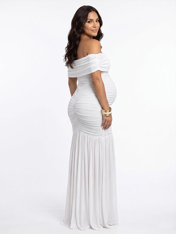 White Off Shoulder Ruched Mermaid Elegant Maternity Maxi Gown
