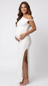 White One-Shoulder Maternity Midi Dress – Milk Silk Bodycon Gown with Side Slit Elegant Photoshoot Dress