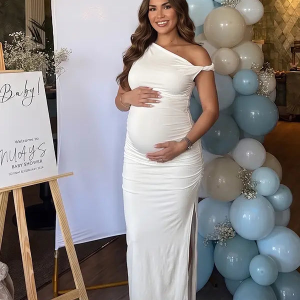 White One-Shoulder Maternity Midi Dress – Milk Silk Bodycon Gown with Side Slit Elegant Photoshoot Dress