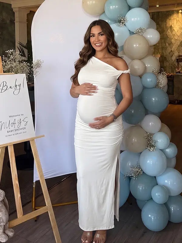 White One-Shoulder Maternity Midi Dress – Milk Silk Bodycon Gown with Side Slit Elegant Photoshoot Dress