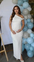 White One-Shoulder Maternity Midi Dress – Milk Silk Bodycon Gown with Side Slit Elegant Photoshoot Dress